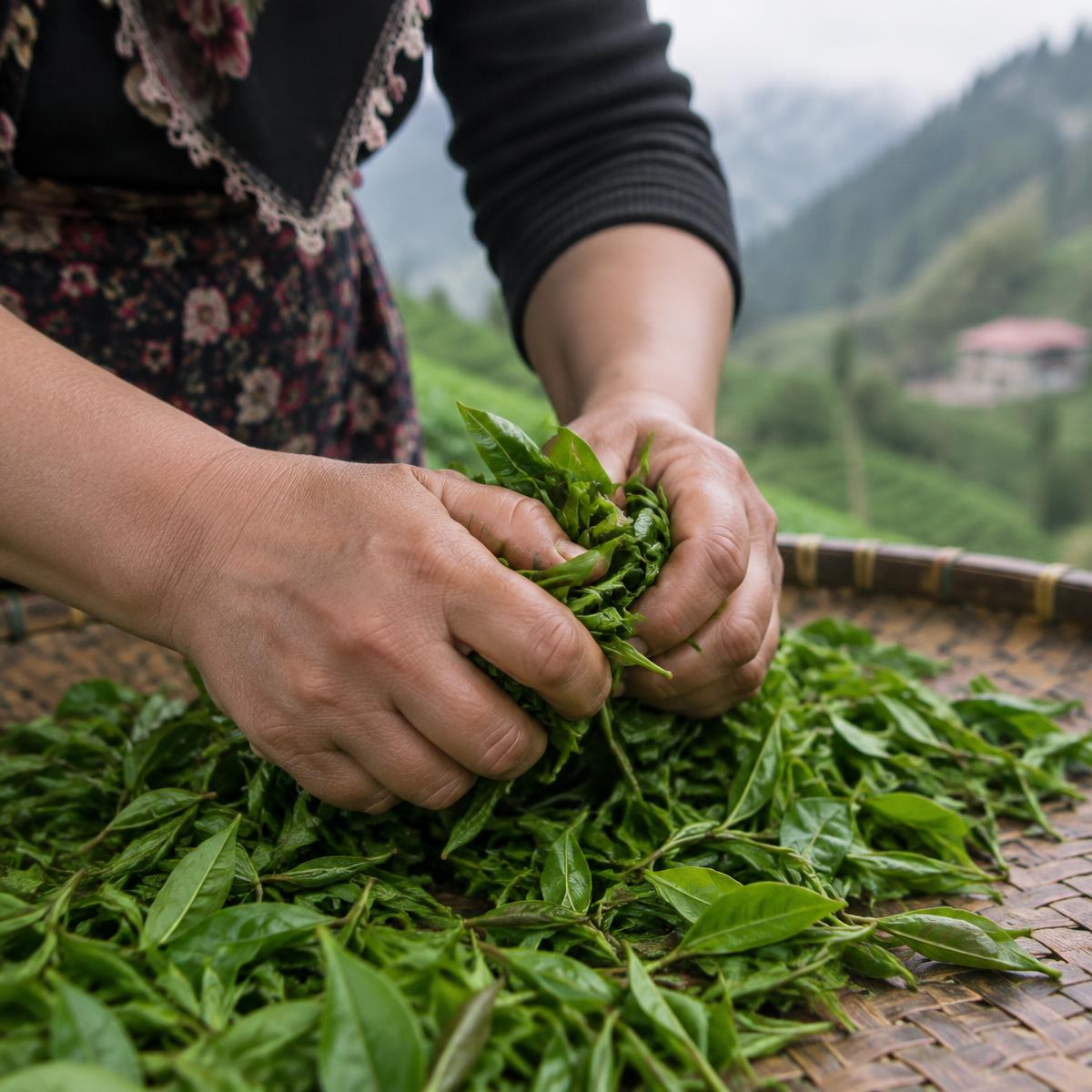 Hands rolling fresh tea leaves